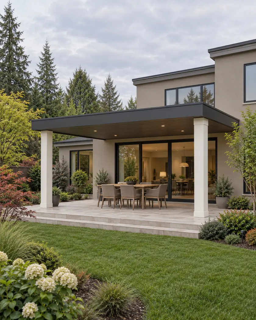 Illustration of a matte charcoal flat patio roof on ivory posts above a stone terrace beside a taupe home