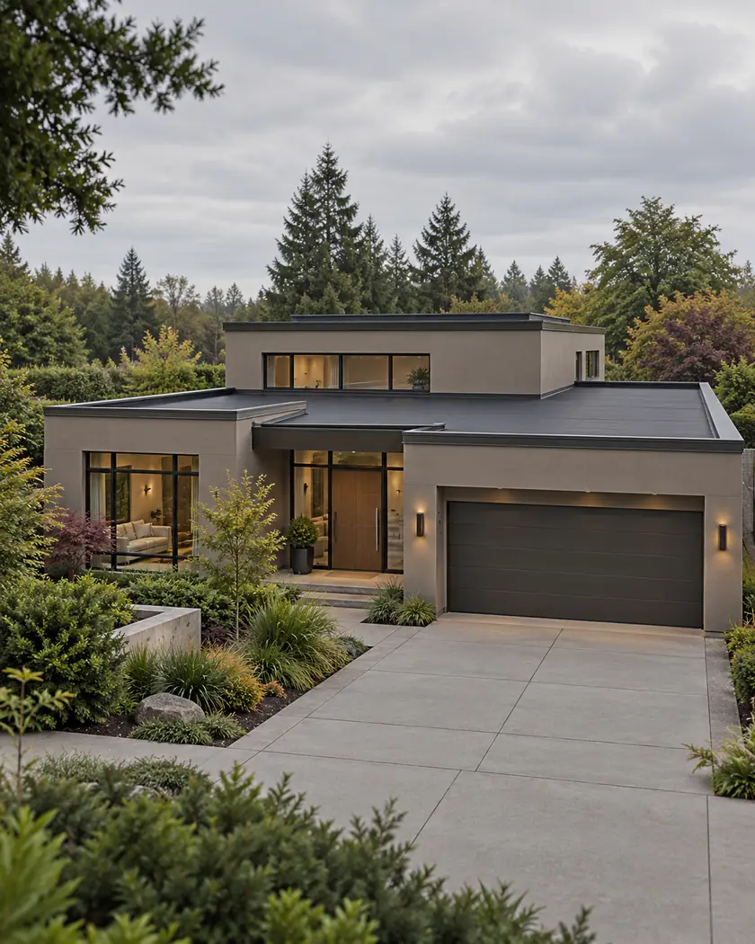 Illustration of a matte charcoal low-slope roof and parapet on a taupe contemporary home
