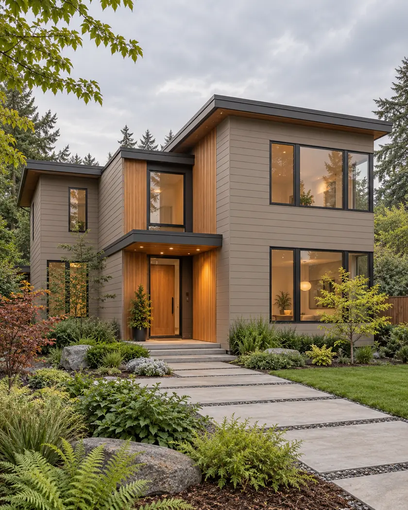 Illustration of taupe lap siding and natural cedar panels beside a planted border and stone path