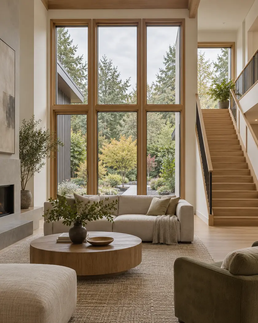 Illustration of wood-framed rectangular windows beside a light oak stair in a contemporary living room