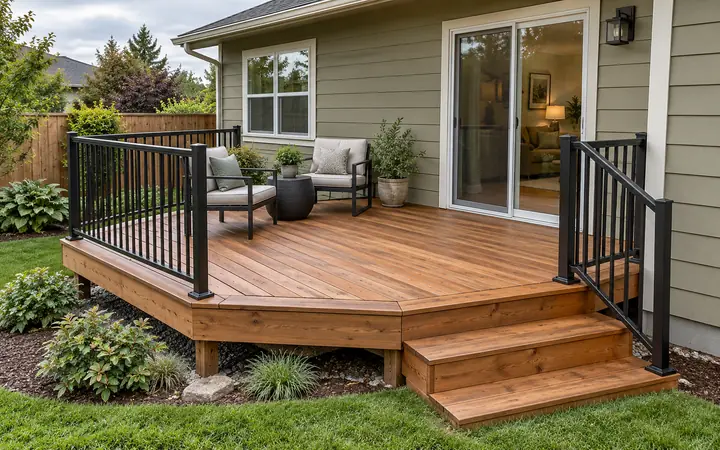 Illustration of a cedar deck with a clipped corner, black metal guards and broad steps beside a pale-olive ranch