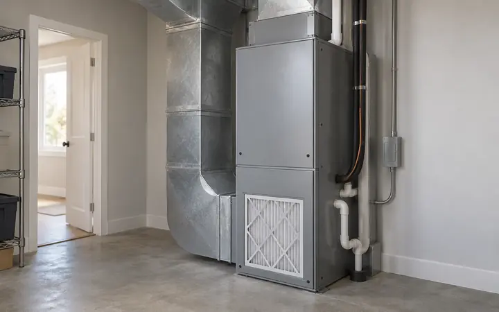 Illustration of a gray residential air-handler cabinet and neat ductwork in a clean utility room