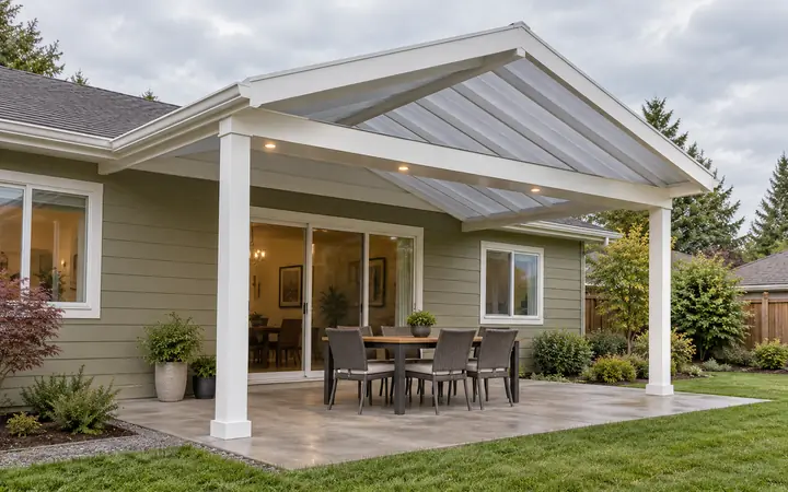 Illustration of a white gabled patio cover with translucent panels and small underside lights beside a pale-olive home