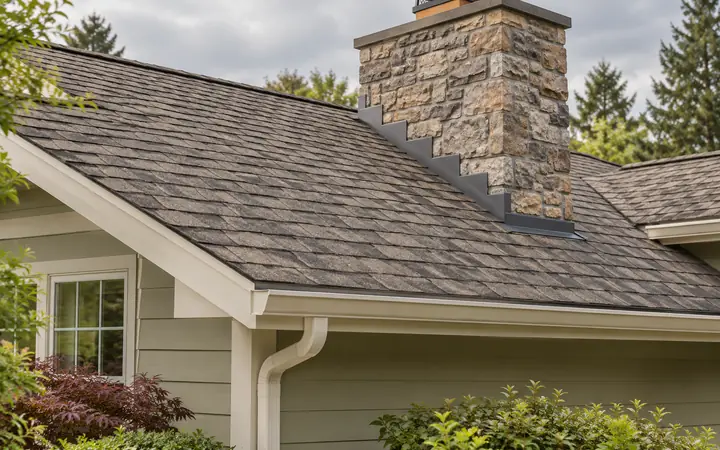 Illustration of warm-gray shingles and a stone chimney on a pale-olive ranch home