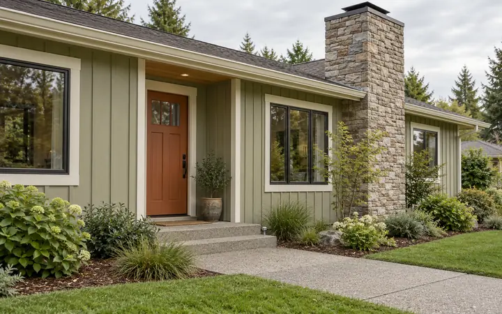 Illustration of pale-olive lap siding, cream trim and a terracotta entry beside a stone chimney