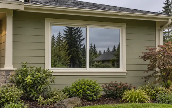 Illustration of a cream-framed sliding window in a pale-olive ranch wall above a planted border