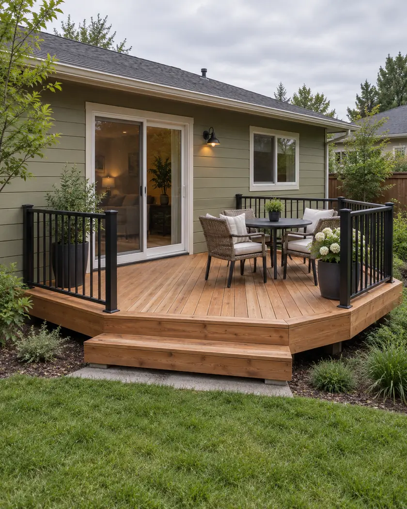 Illustration of a cedar deck with a clipped corner, black metal guards and broad steps beside a pale-olive ranch