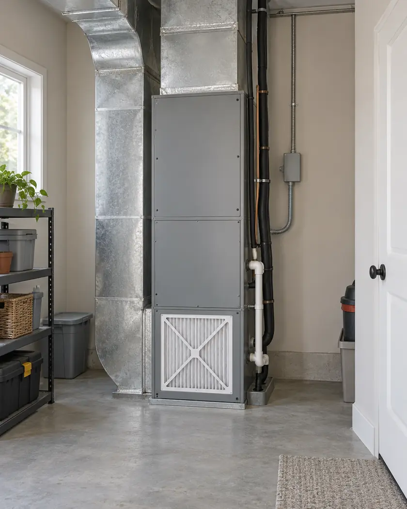 Illustration of a gray residential air-handler cabinet and neat ductwork in a clean utility room