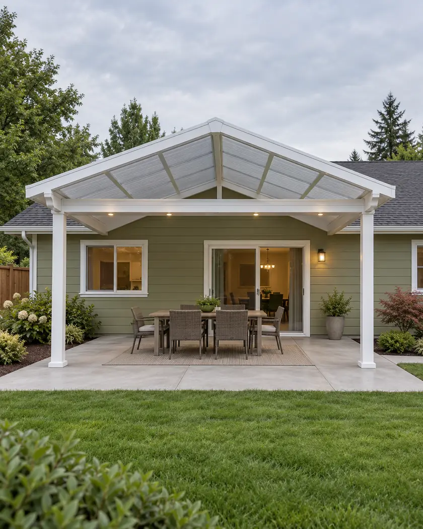 Illustration of a white gabled patio cover with translucent panels and small underside lights beside a pale-olive home