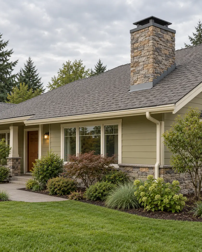 Illustration of warm-gray shingles and a stone chimney on a pale-olive ranch home