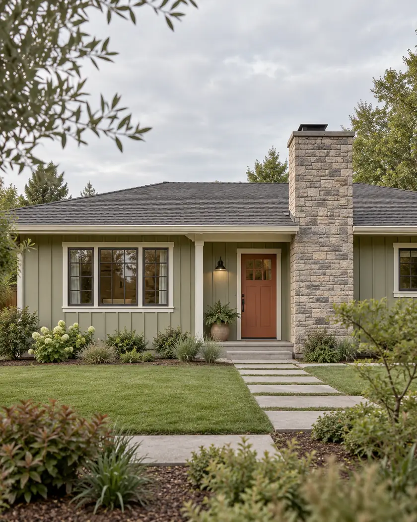 Illustration of pale-olive lap siding, cream trim and a terracotta entry beside a stone chimney