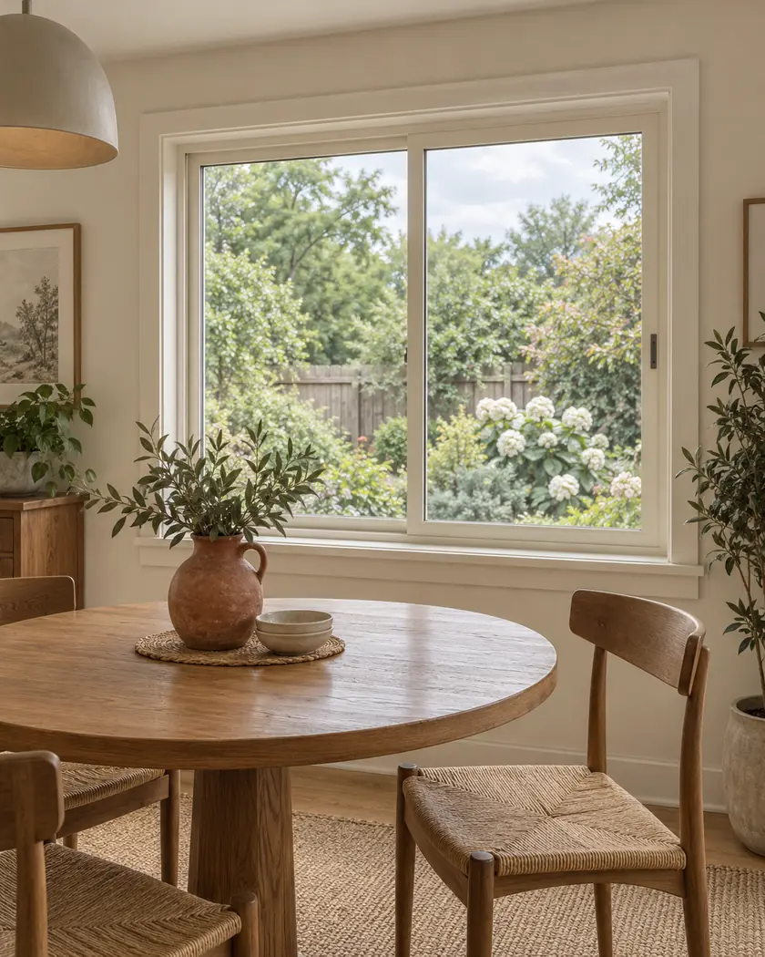 Illustration of cream-framed windows beside a round oak table in a quiet ranch-home dining nook