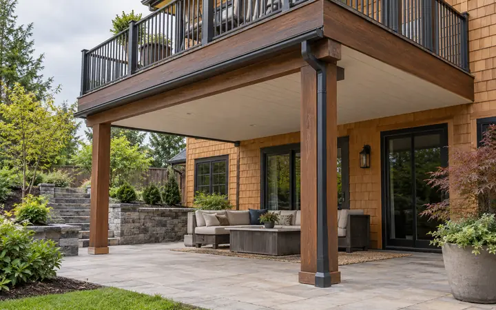 Illustration of an elevated timber deck above an open stone patio with cream underside panels