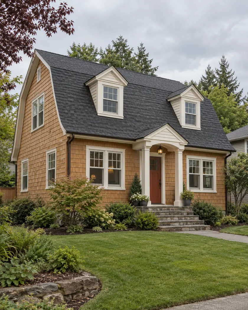 Illustration of an ochre two-story gambrel home with cream dormers, a rust-red door and a leafy yard
