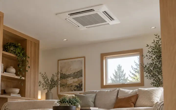 Illustration of a white ceiling-cassette heat-pump unit above a neutral living room with warm wood accents