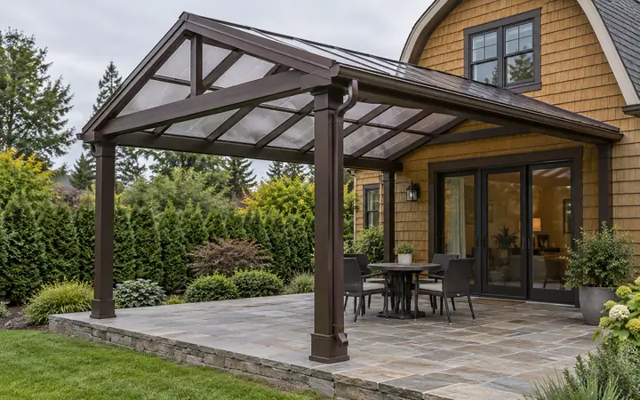 Illustration of an espresso-brown gabled patio cover with translucent panels and a visible gutter beside an ochre home