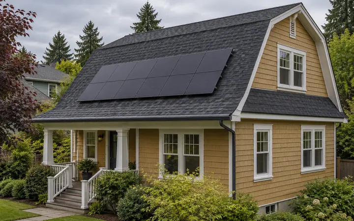 Illustration of charcoal shingles and a modest solar-panel array on an ochre gambrel-roof home