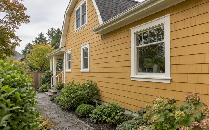 Illustration of ochre horizontal siding and cream trim along a modest garden path