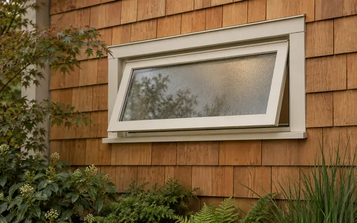 Illustration of a cream-framed awning window in an ochre siding wall above a planted border