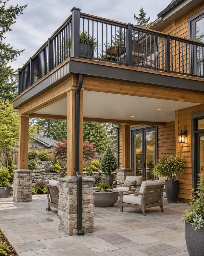 Illustration of an elevated timber deck above an open stone patio with cream underside panels