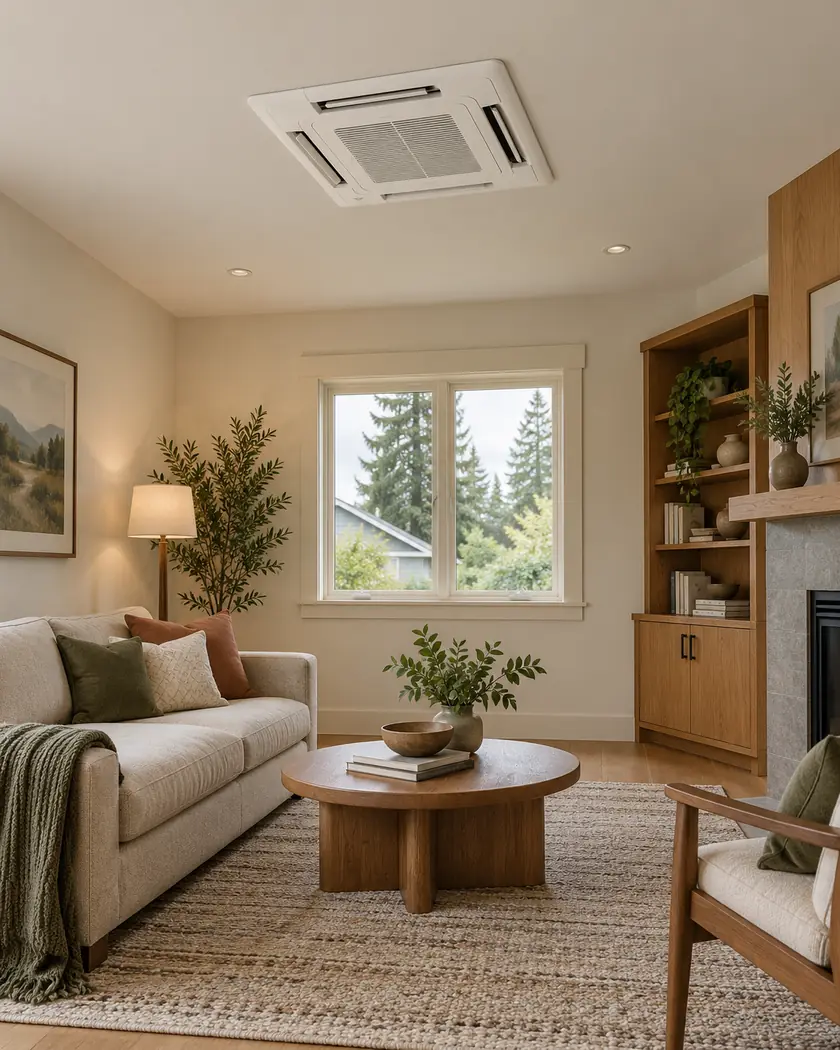 Illustration of a white ceiling-cassette heat-pump unit above a neutral living room with warm wood accents