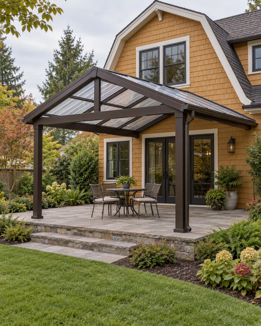 Illustration of an espresso-brown gabled patio cover with translucent panels and a visible gutter beside an ochre home