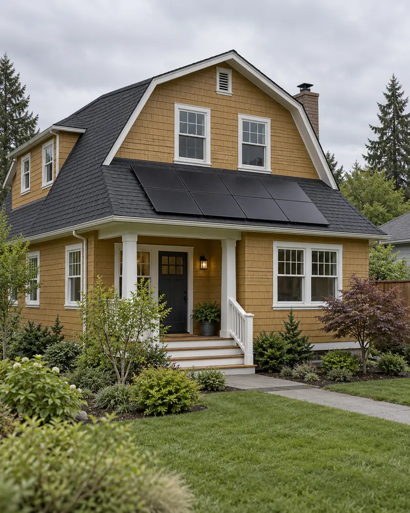 Illustration of charcoal shingles and a modest solar-panel array on an ochre gambrel-roof home