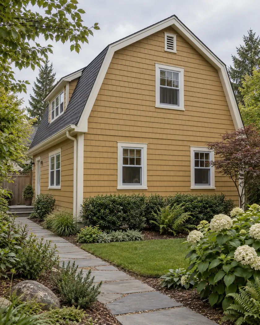 Illustration of ochre horizontal siding and cream trim along a modest garden path