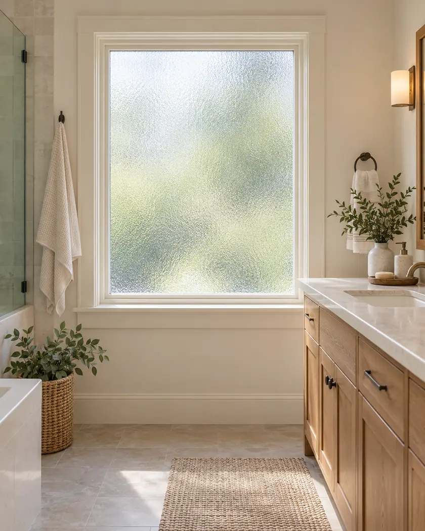 Illustration of an obscured-glass cream-framed bathroom window above a pale counter and oak vanity