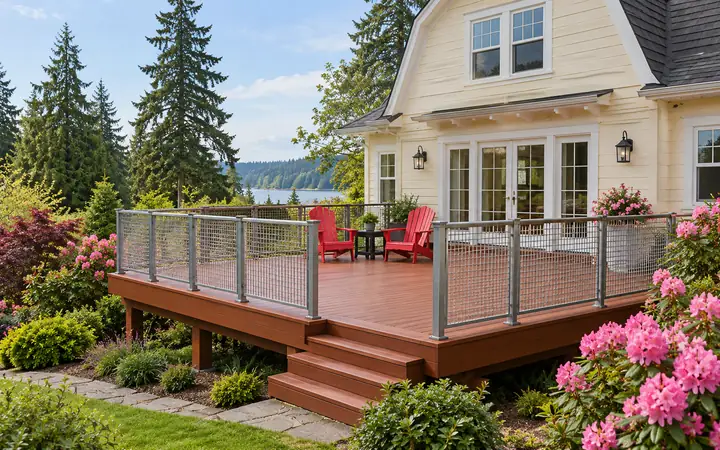 Redwood-colored deck with silver mesh-panel rails and red chairs beside a buttercream house.