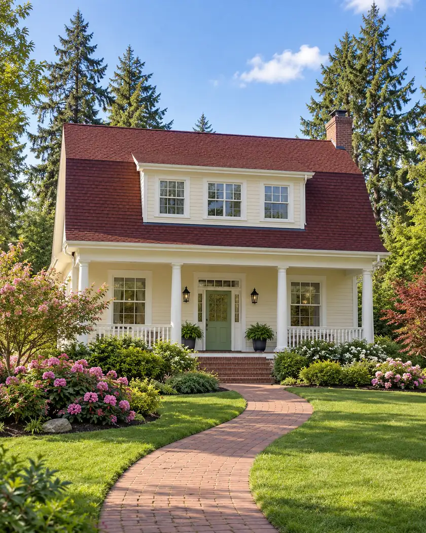 Buttercream gambrel-roof house with a burgundy roof, white porch and sage front door amid flowering shrubs.