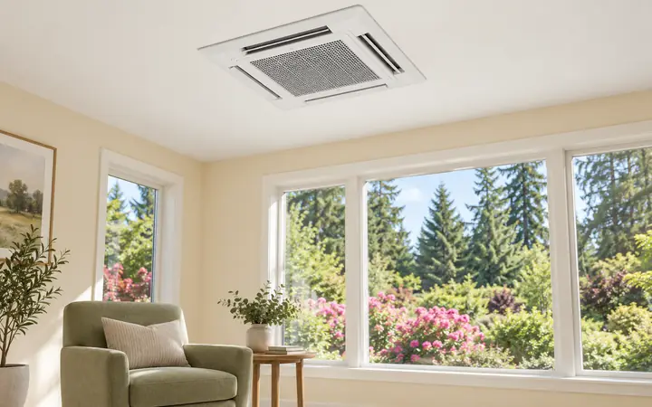 White ceiling-cassette indoor HVAC unit in a bright room with buttercream walls and simple furniture.