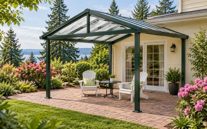 Dark-green attached gabled patio cover with translucent roofing above white chairs and a small table.