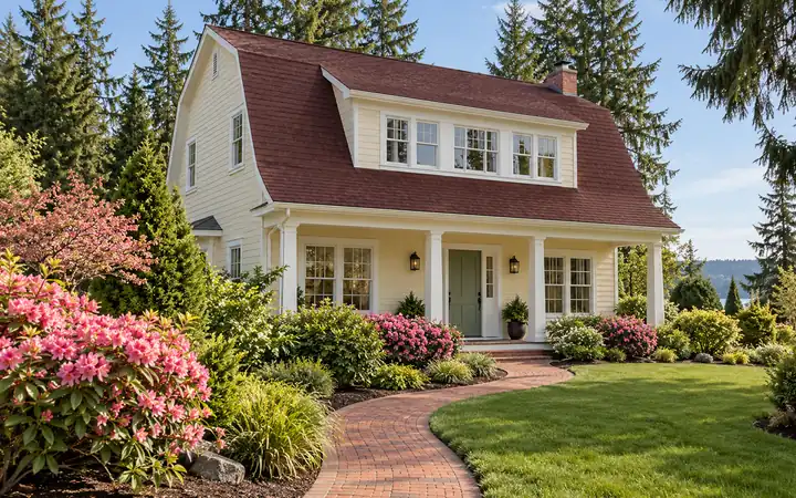 Buttercream gambrel-roof house with burgundy roofing above white trim and a garden.