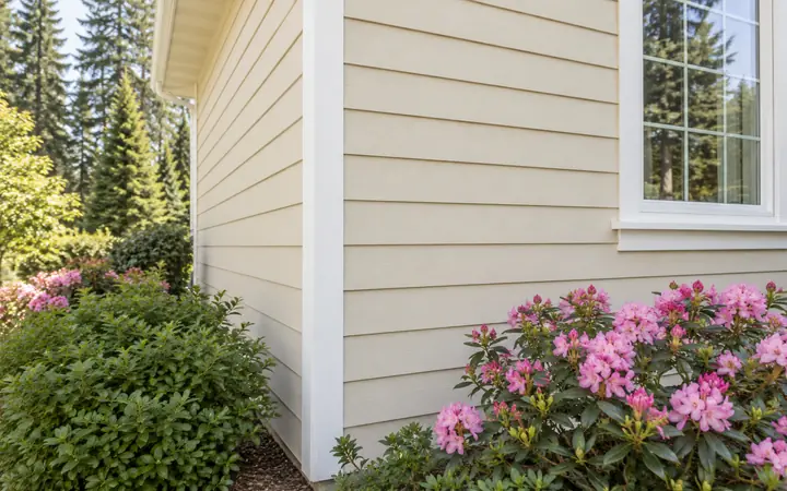 Buttercream horizontal siding with white corner trim and pink flowers beside a window.