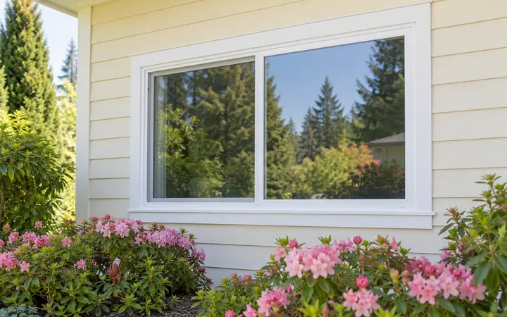White-framed horizontal sliding window in a buttercream wall above pink flowering shrubs.