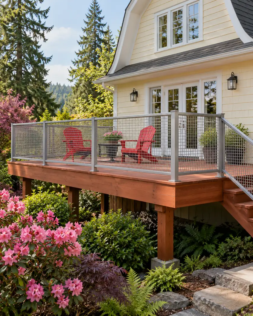 Redwood-colored deck with silver mesh-panel rails and red chairs beside a buttercream house.