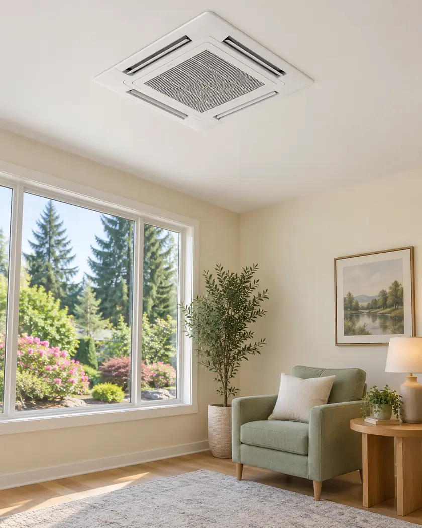 White ceiling-cassette indoor HVAC unit in a bright room with buttercream walls and simple furniture.