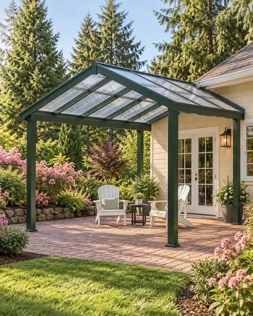 Dark-green attached gabled patio cover with translucent roofing above white chairs and a small table.