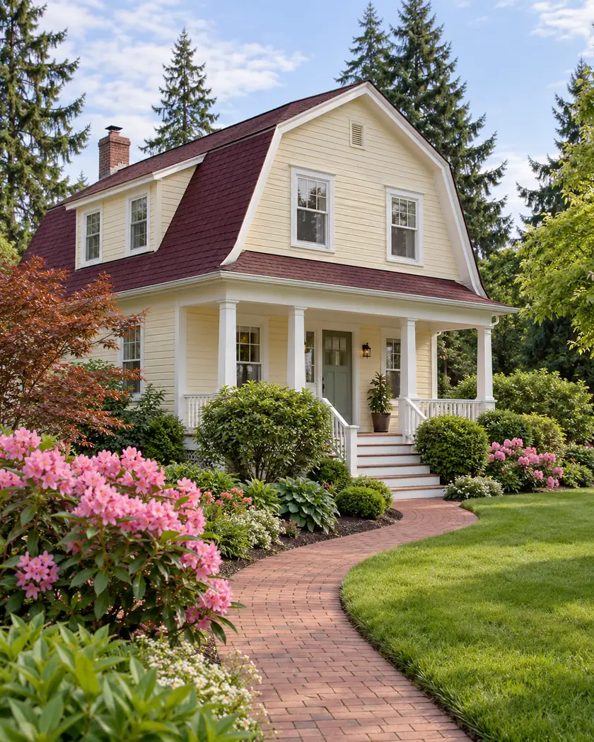 Buttercream gambrel-roof house with burgundy roofing above white trim and a garden.