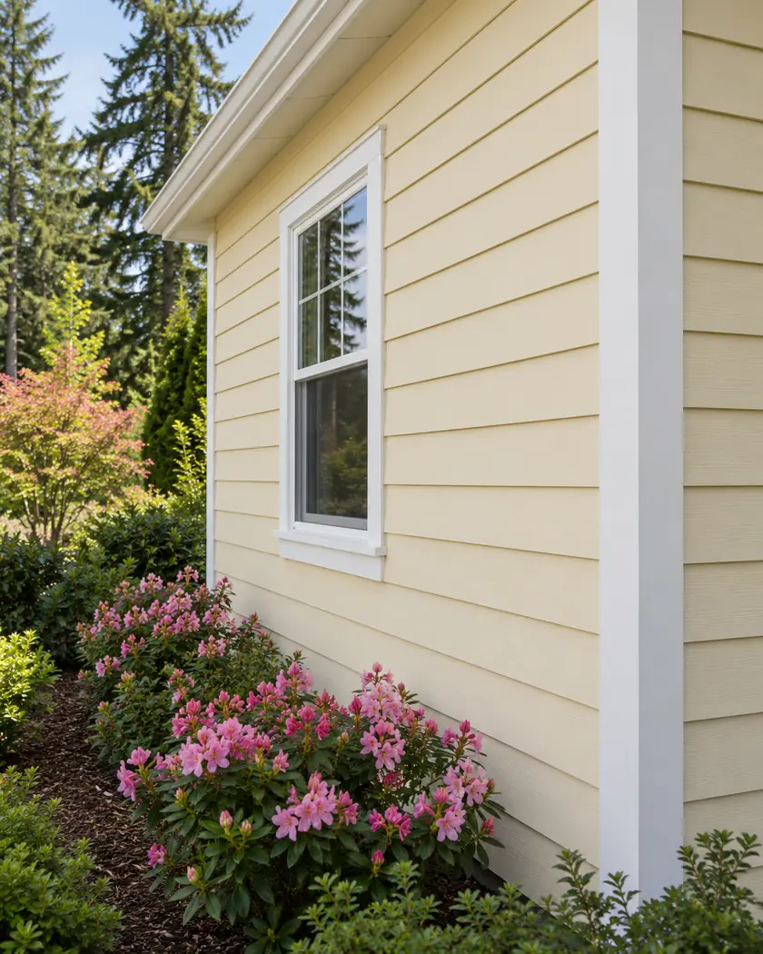 Buttercream horizontal siding with white corner trim and pink flowers beside a window.