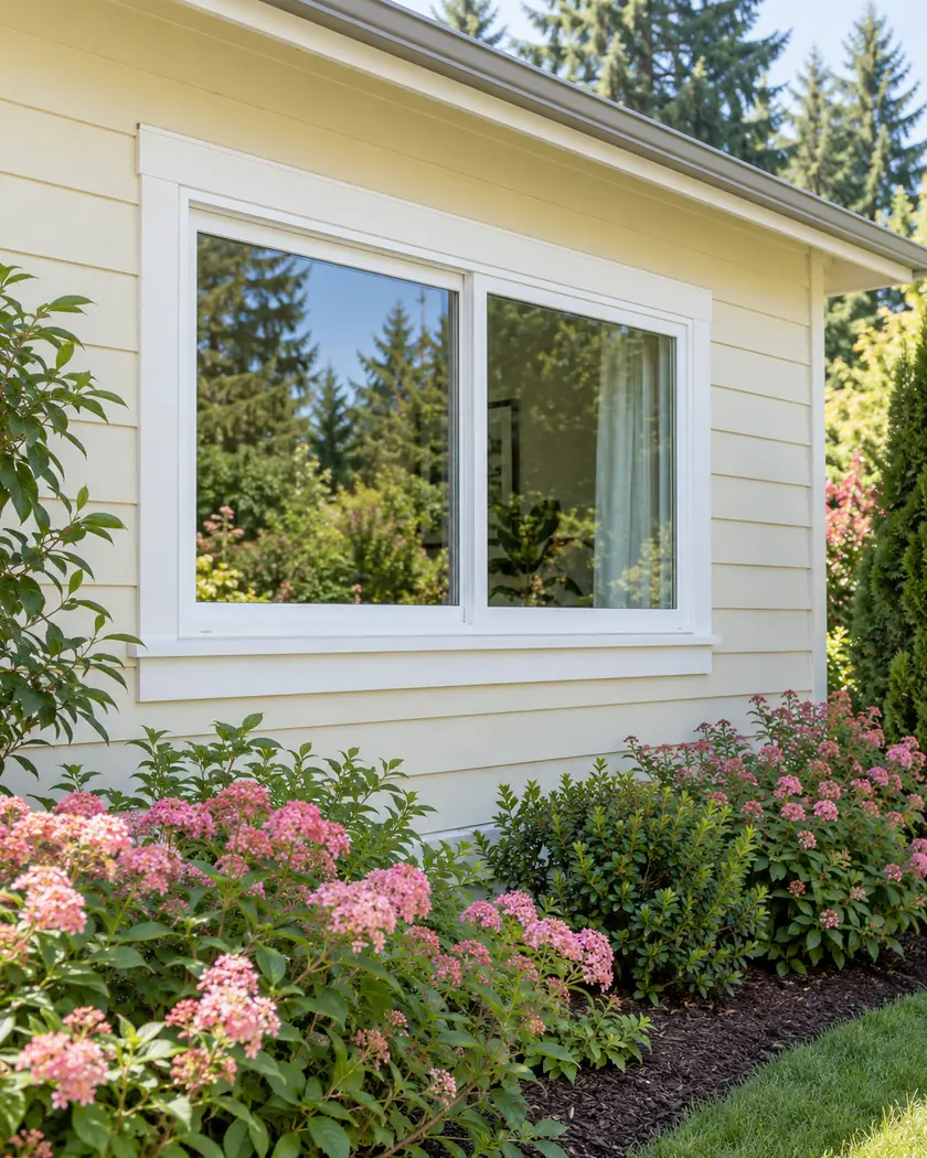 White-framed horizontal sliding window in a buttercream wall above pink flowering shrubs.