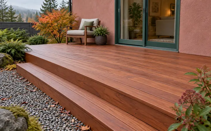 Low redwood-toned deck with straight boards and a step to a gravel courtyard.