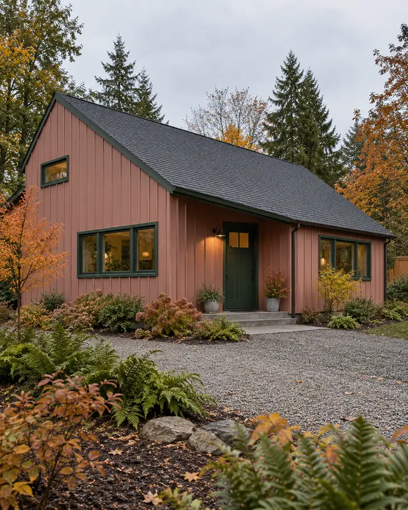 Dusty-rose contemporary saltbox home with dark green trim, an asymmetric shingle roof and a gravel garden path.