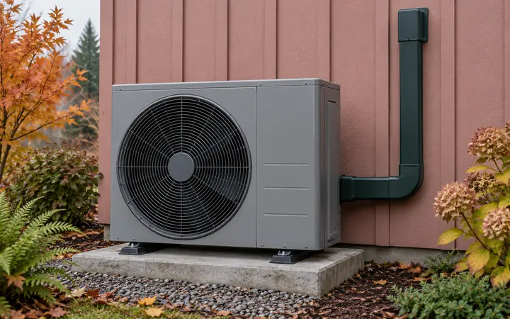 Outdoor heat pump beside dusty-rose siding with a covered line route.