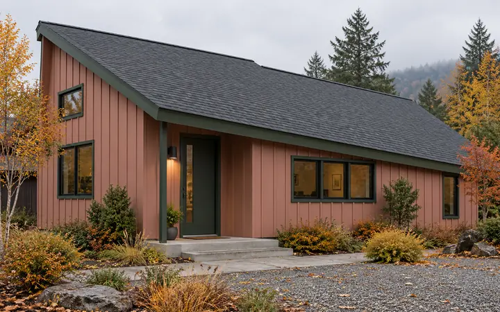 Long charcoal shingle roof with green fascia on a dusty-rose saltbox home.