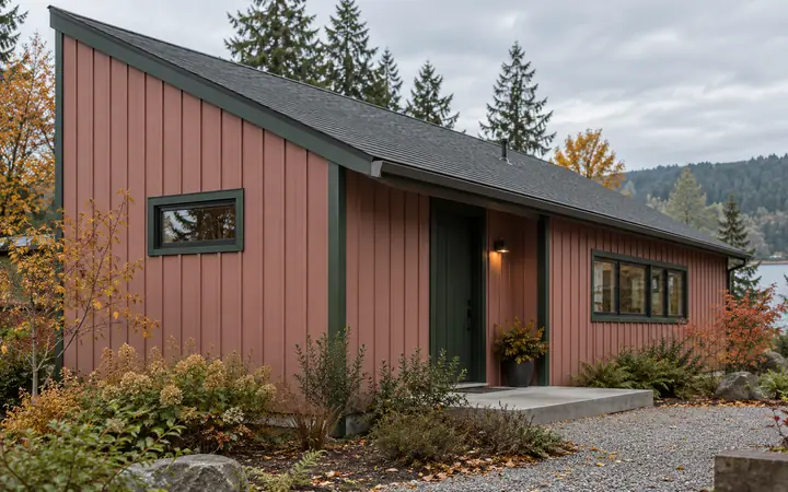 Dusty-rose board-and-batten siding with green trim and a small window.