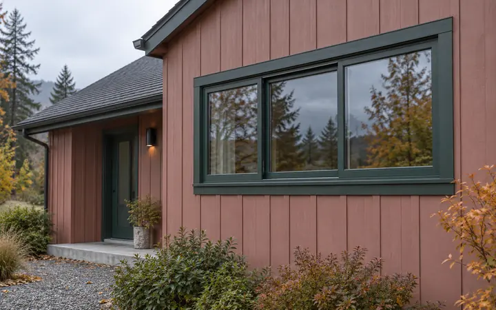 Green-framed horizontal sliding window in dusty-rose vertical siding.