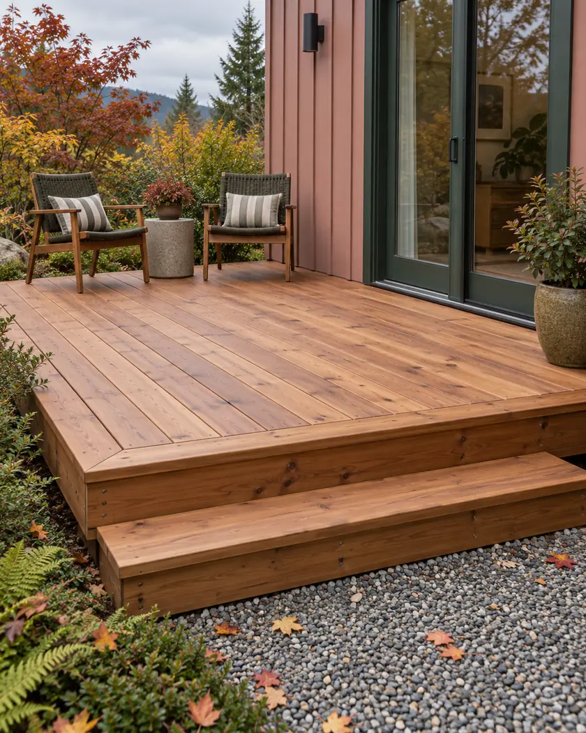 Low uncovered cedar deck with straight boards and a broad step beside a dusty-rose house.