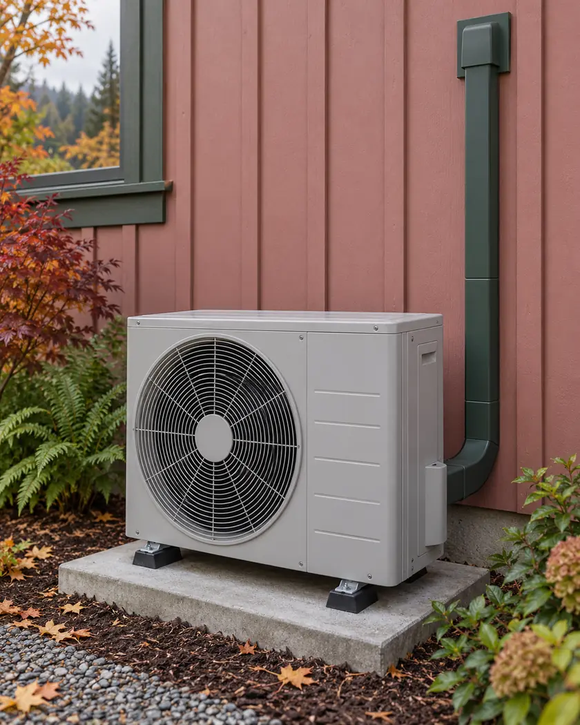 Gray outdoor heat-pump unit on a pad beside dusty-rose siding and an enclosed green line route.